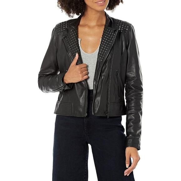 Slate & Willow Rent The Runway 100% Leather Embossed Studs Jacket Size S Black - Picture 1 of 13